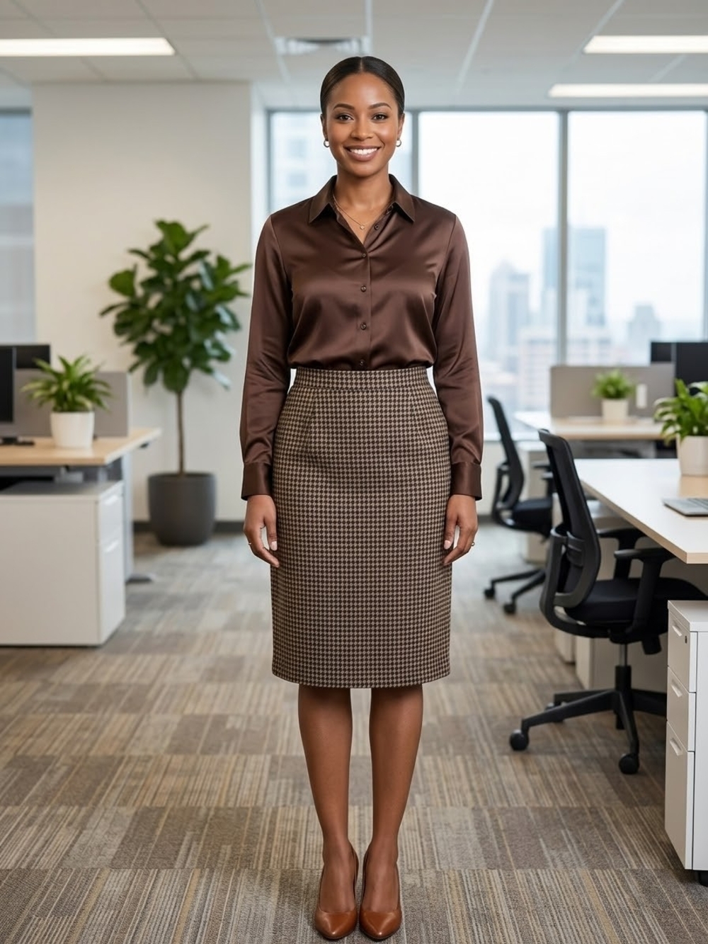 Brown Houndstooth Pencil Skirt – Sleek Office Essential